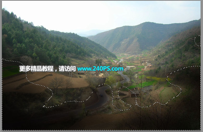 Photoshop给山间村庄外景添加唯美日出景观效果教程