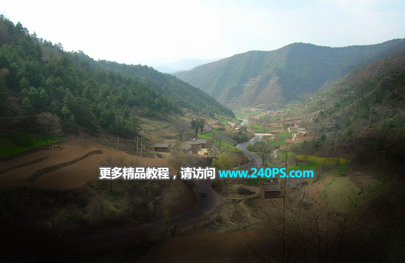 Photoshop给山间村庄外景添加唯美日出景观效果教程